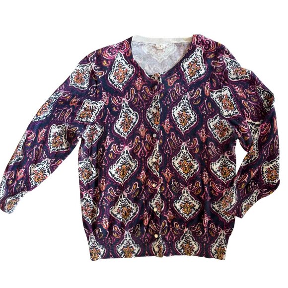 J.Crew Womens XL Purple Paisley Button-Front Cardigan Sweater 100% Cotton - Picture 1 of 6